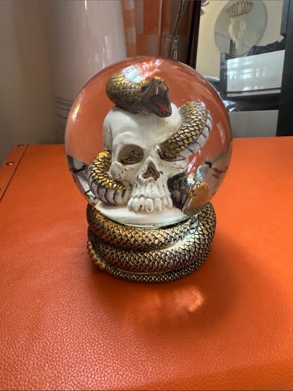 Skull and Snake Decorative Snow Globe - Gold & White
